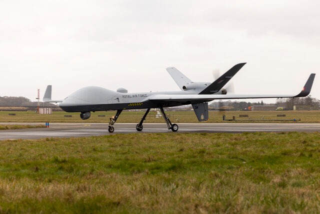 A Protector remotely piloted aircraft on the runway at RAF Waddington